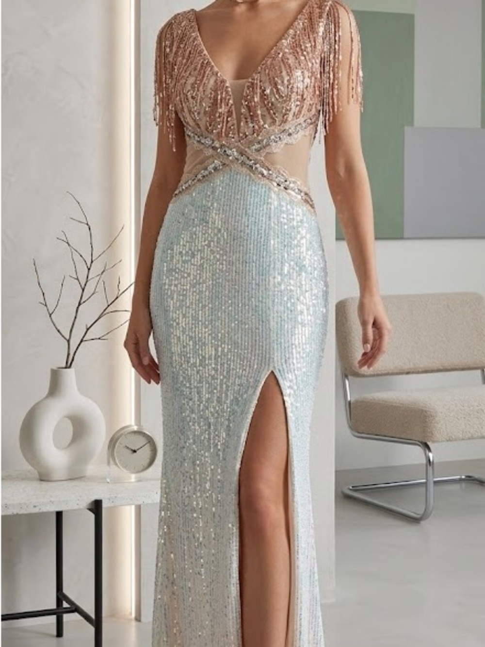 Sequin Beaded Champagne Evening Dress with Rose Gold Bodice